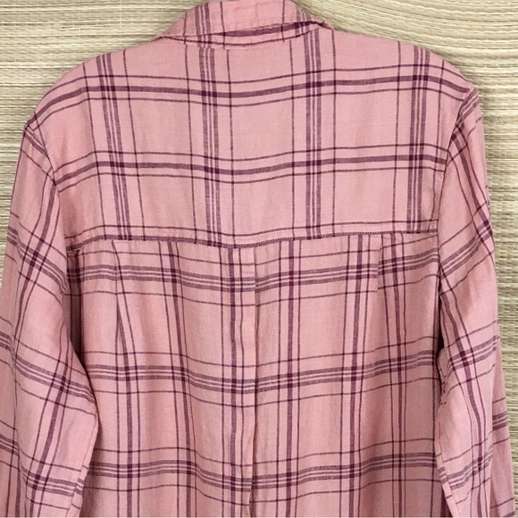 Free People Peach Linen No Limits Button Down Plaid Shirt Size L/G - Picture 7 of 11